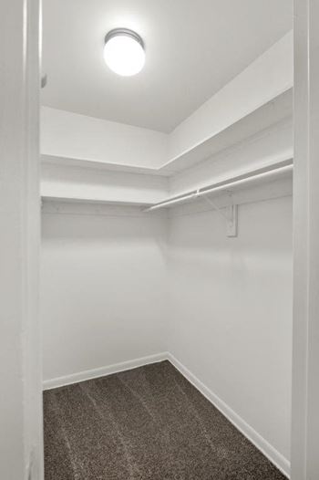 a white room with a carpet and a light on the ceiling